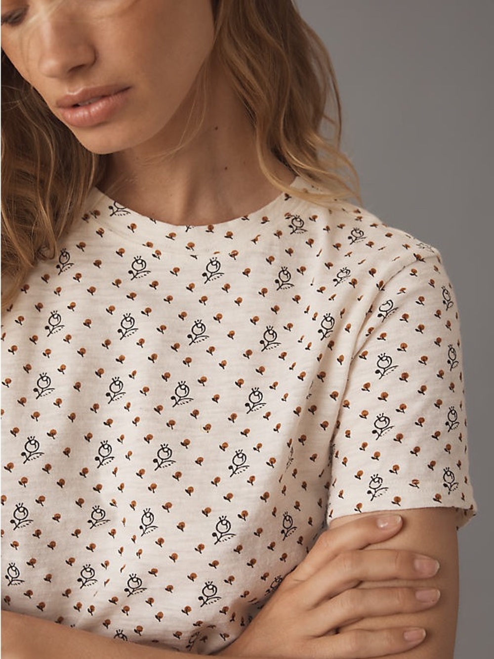 NWT Pilcro Bennie Slim Crew Neck Tee Neutral Motif Floral Anthropologie XS